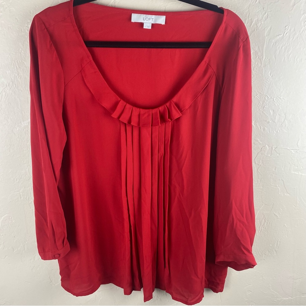Ann Taylor Loft Red Blouse Pleated Ruffle Pullover Large